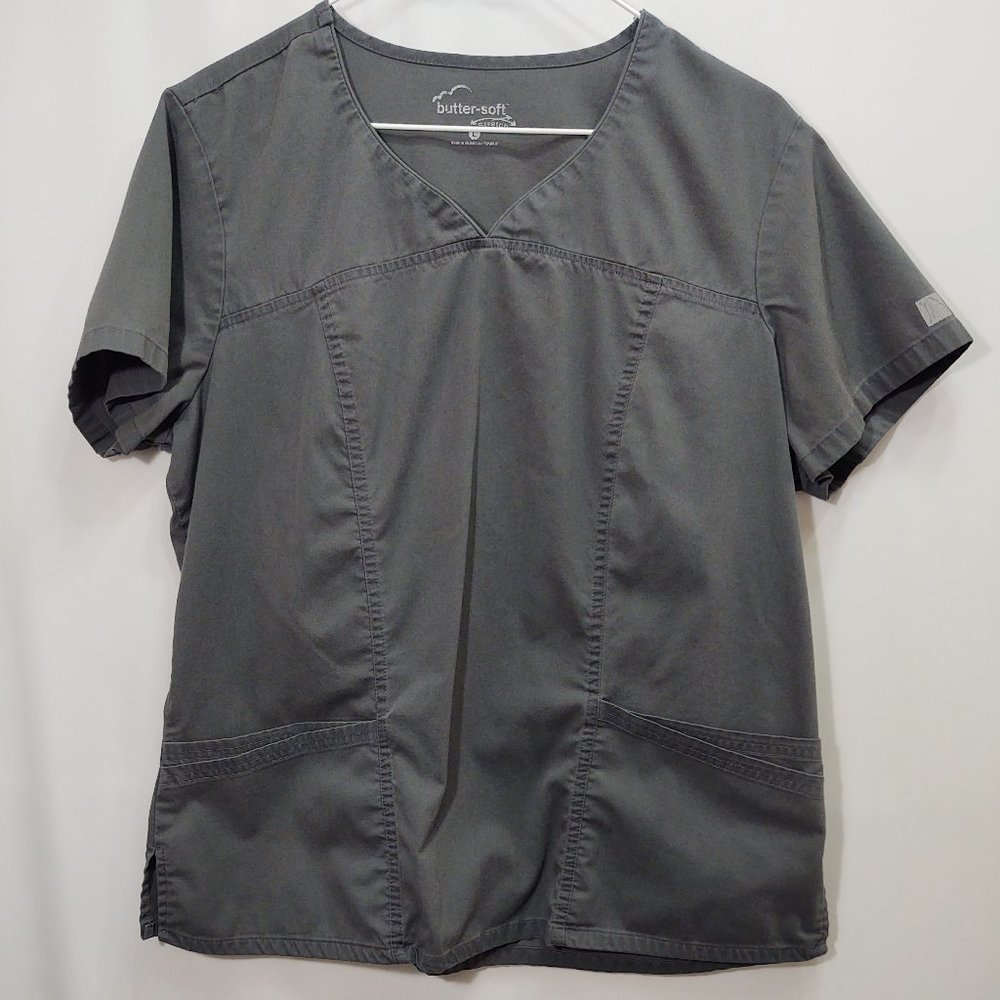 3/$30 Butter-Soft Stretch Grey V-Neck Scrub Top L